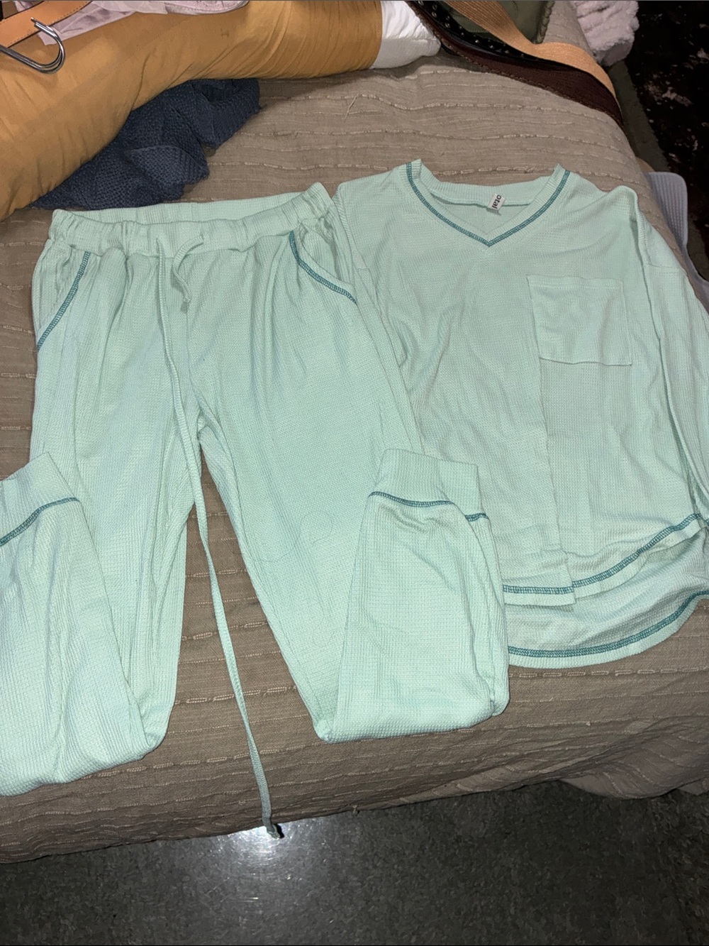 Women’s Mint Green Waffle-Knit Pajama Set — Cozy V-Neck Top & Drawstring Pants